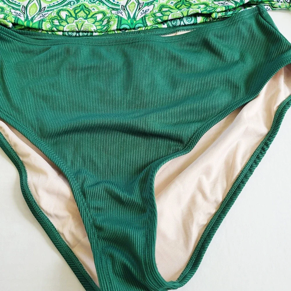 Cupshe Womens Green Paisley Tankini‎ Set High Waisted Ribbed Swimsuit Large NEW